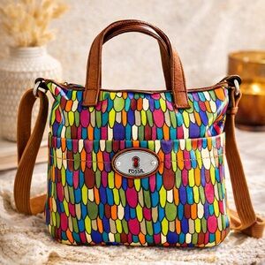 Fossil Calypso Key-Per Multicolor Feather Print Crossbody Satchel Bag